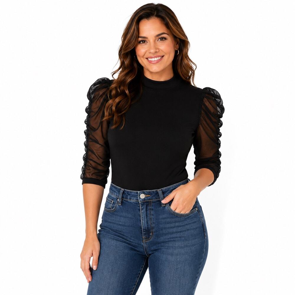 Ember Black Ruched Mesh Sleeve Mock Neck Bodysuit Sz XL